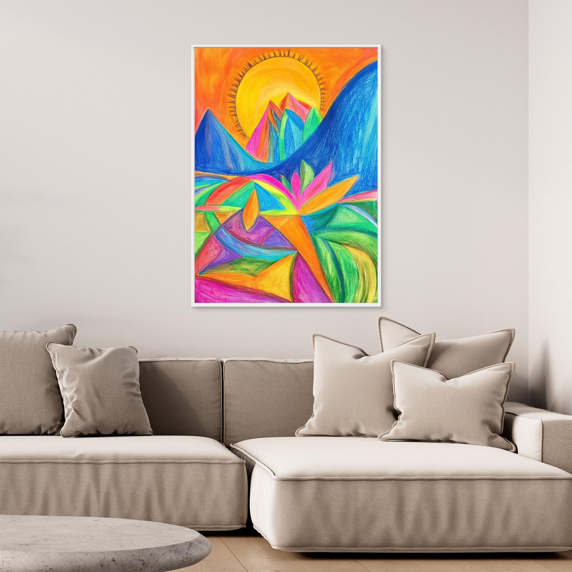 Abstract Vibrant Landscape Colored Pencil Drawing | Colorful Mountains, Organic Forms | Modern Wall Art