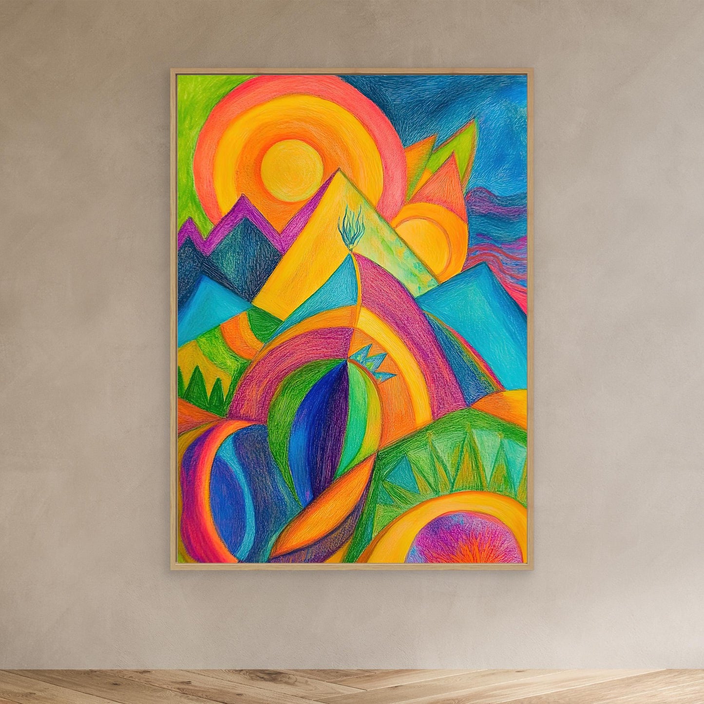 Abstract Vibrant Landscape Colored Pencil Drawing | Colorful Mountains, Organic Forms | Modern Wall Art