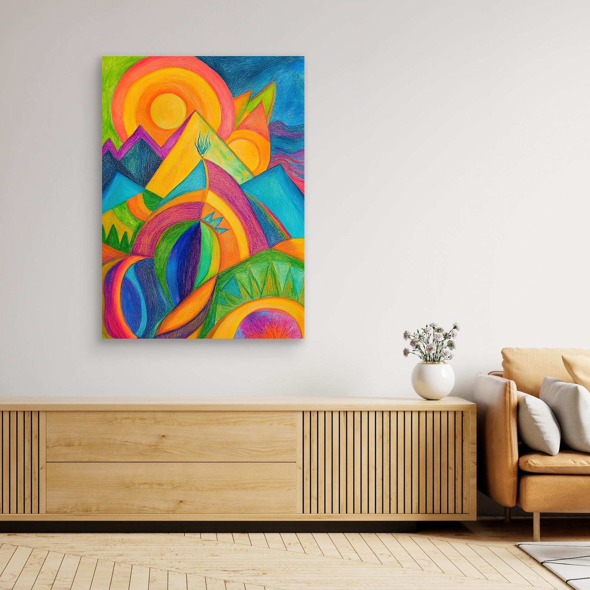 Abstract Vibrant Landscape Colored Pencil Drawing | Colorful Mountains, Organic Forms | Modern Wall Art