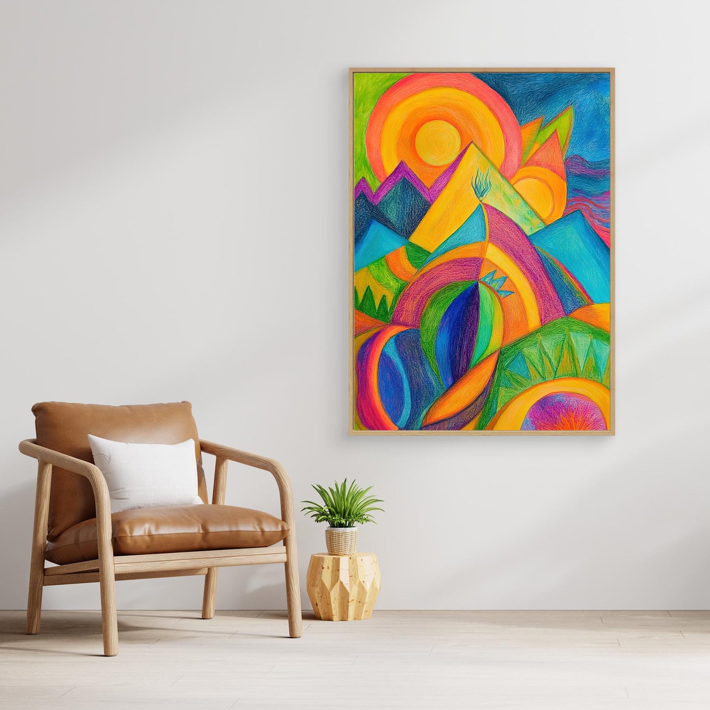 Abstract Vibrant Landscape Colored Pencil Drawing | Colorful Mountains, Organic Forms | Modern Wall Art