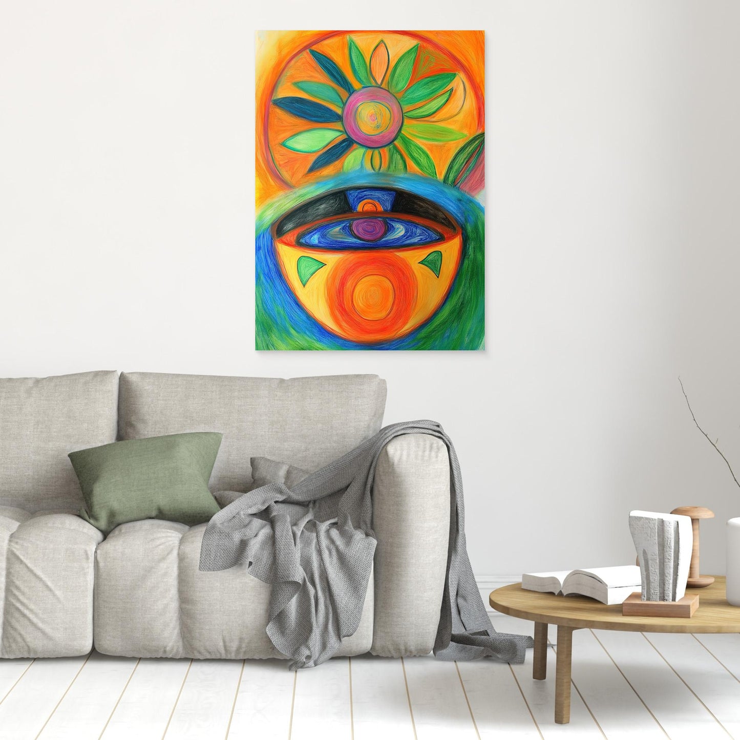 Abstract Sun and Vessel Colored Pencil Drawing | Vibrant Colors, Circular Design | Modern Spiritual Wall Art