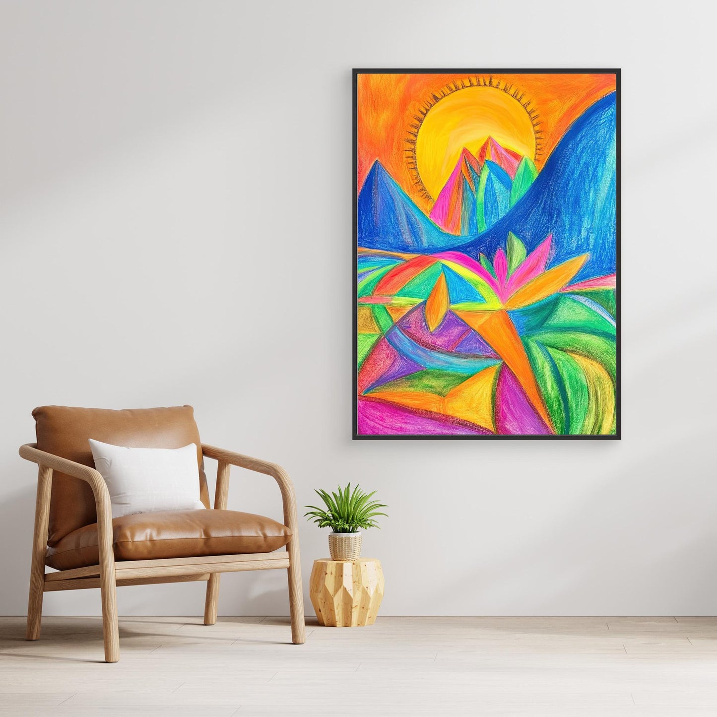 Abstract Vibrant Landscape Colored Pencil Drawing | Colorful Mountains, Organic Forms | Modern Wall Art