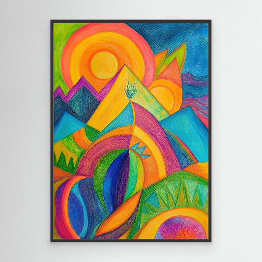 Abstract Vibrant Landscape Colored Pencil Drawing | Colorful Mountains, Organic Forms | Modern Wall Art