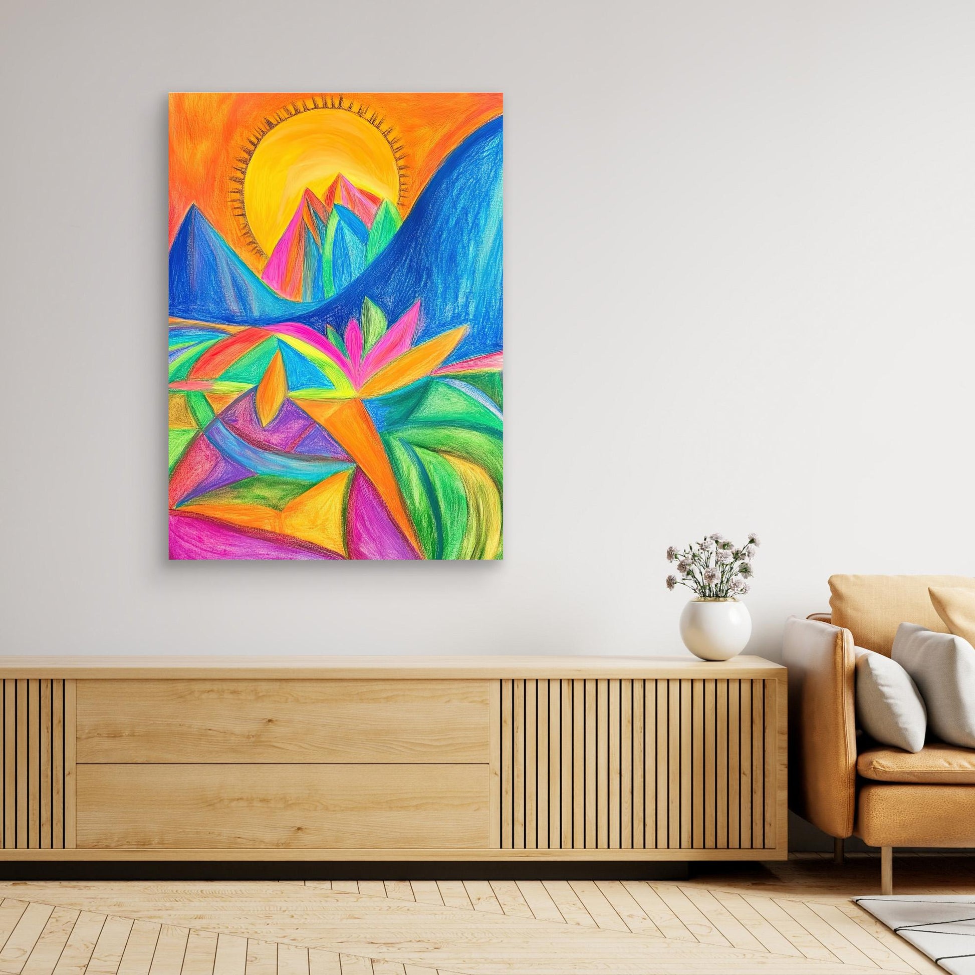 Abstract Vibrant Landscape Colored Pencil Drawing | Colorful Mountains, Organic Forms | Modern Wall Art