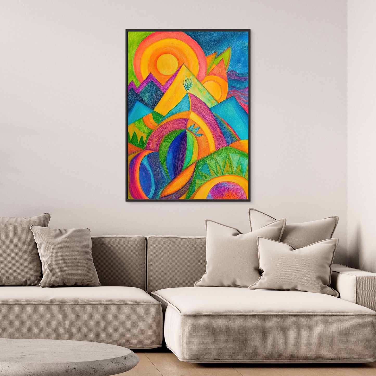 Abstract Vibrant Landscape Colored Pencil Drawing | Colorful Mountains, Organic Forms | Modern Wall Art