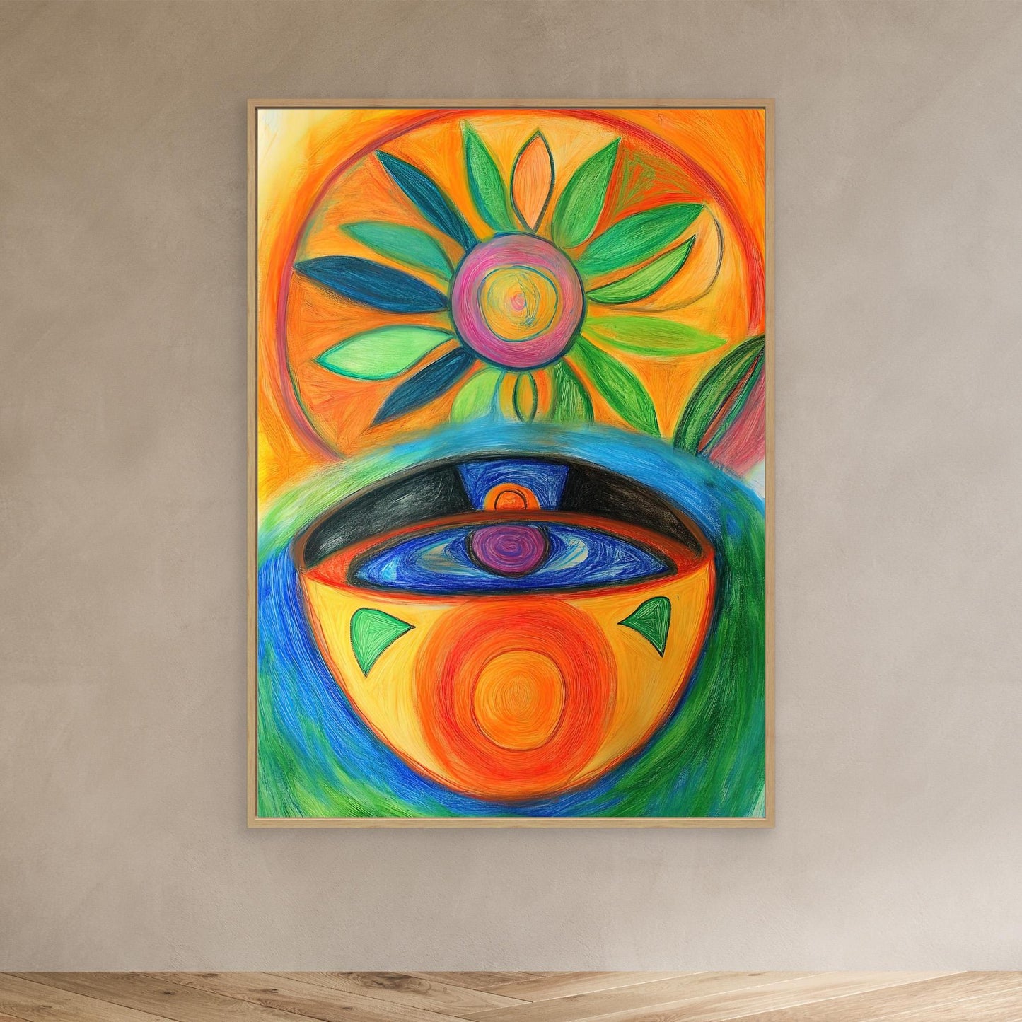 Abstract Sun and Vessel Colored Pencil Drawing | Vibrant Colors, Circular Design | Modern Spiritual Wall Art