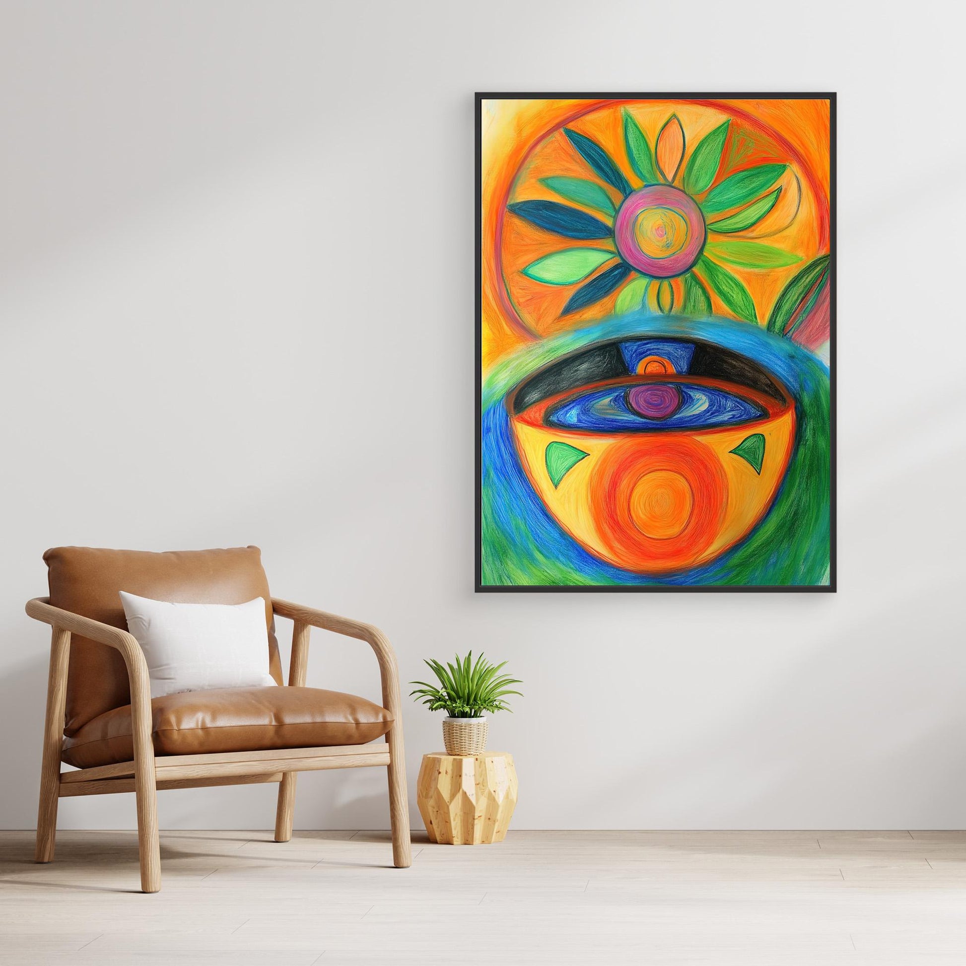 Abstract Sun and Vessel Colored Pencil Drawing | Vibrant Colors, Circular Design | Modern Spiritual Wall Art