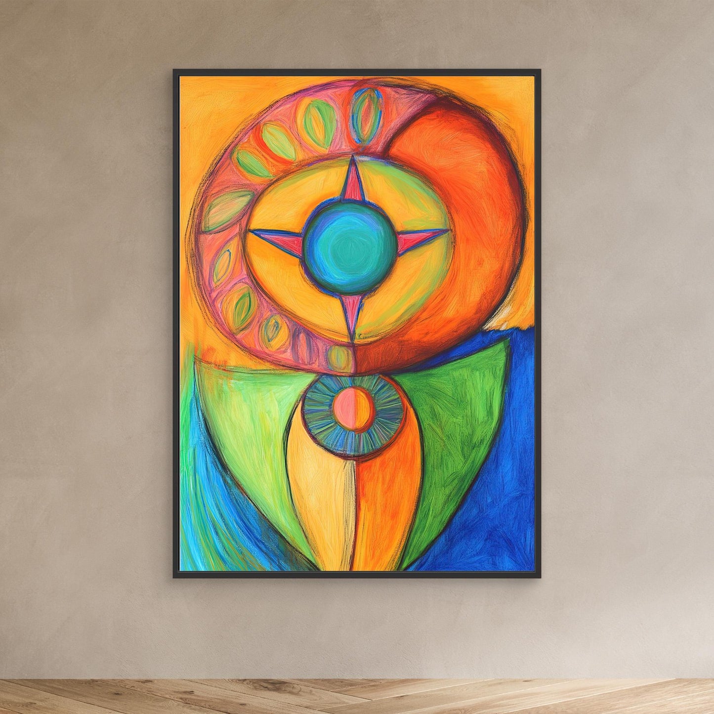 Abstract Spiritual Mandala Colored Pencil Drawing | Vibrant Colors, Circular Design | Modern Spiritual Wall Art