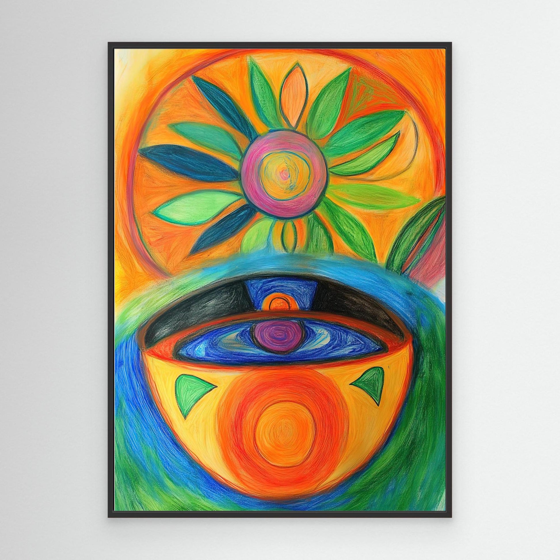 Abstract Sun and Vessel Colored Pencil Drawing | Vibrant Colors, Circular Design | Modern Spiritual Wall Art