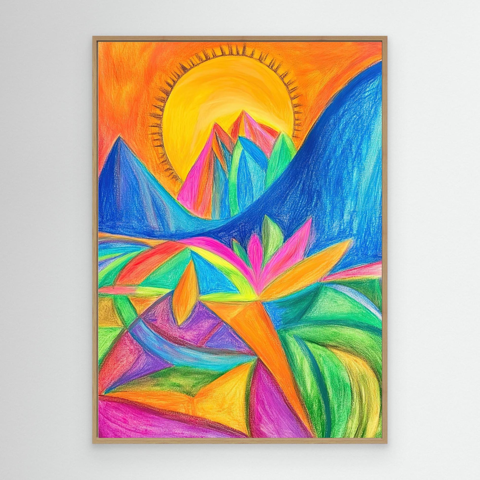 Abstract Vibrant Landscape Colored Pencil Drawing | Colorful Mountains, Organic Forms | Modern Wall Art