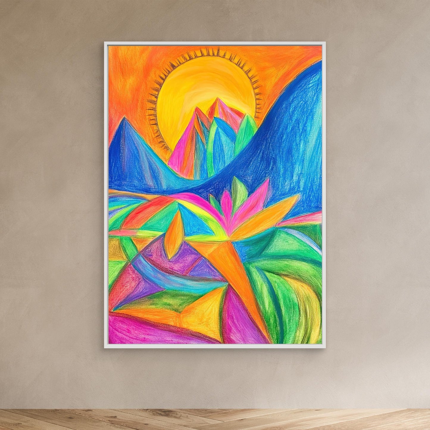 Abstract Vibrant Landscape Colored Pencil Drawing | Colorful Mountains, Organic Forms | Modern Wall Art