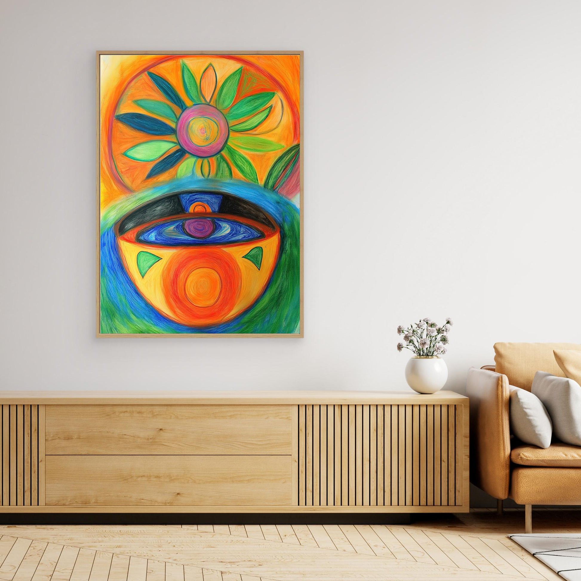 Abstract Sun and Vessel Colored Pencil Drawing | Vibrant Colors, Circular Design | Modern Spiritual Wall Art