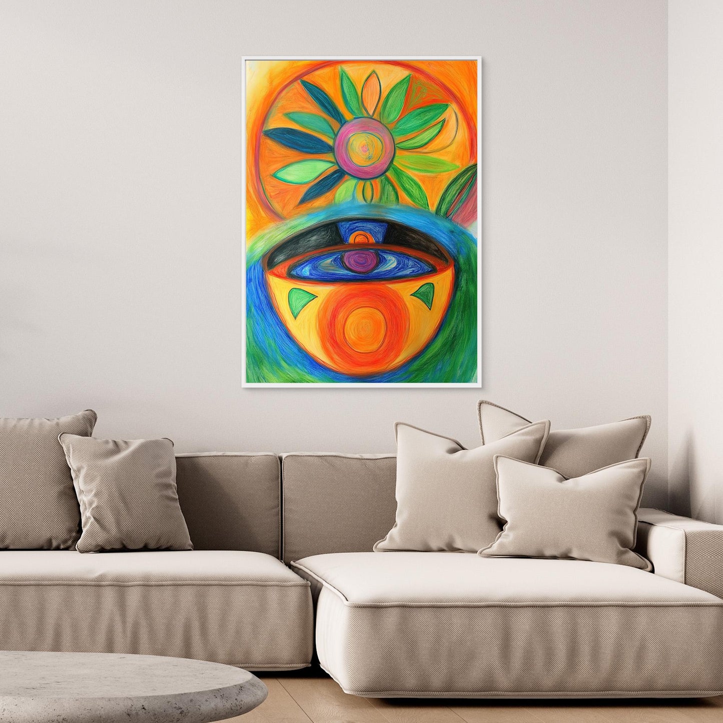 Abstract Sun and Vessel Colored Pencil Drawing | Vibrant Colors, Circular Design | Modern Spiritual Wall Art